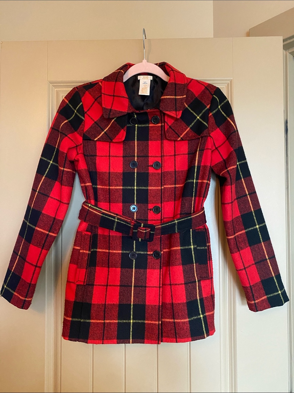 Wool-Blend Red Plaid Belted Peacoat Jacket Kids Size 14 / XL